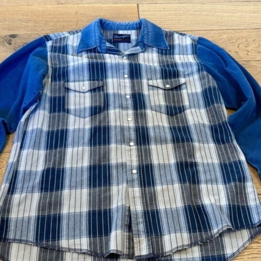 Wrangler Western Snap Shirt Blue Plaid Denim X-Long Tails XL (1191)